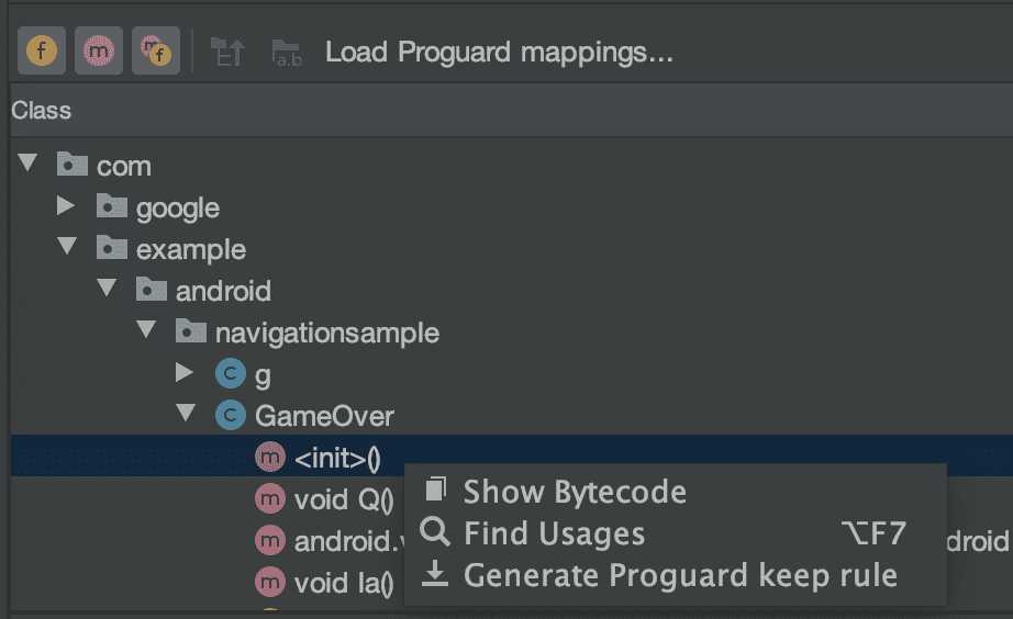 在 APK 分析器中通过选择 Show Bytecode 来消除类和方法字节码的混淆