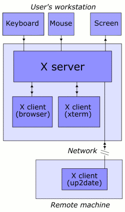 In this example, the X server takes input from a keyboard and mouse and displays to a screen. A web browser and a terminal emulator run on the user‘s workstation, and a system updater runs on a remote server but is controlled from the user‘s machine. Note that the remote application runs just as it would locally.